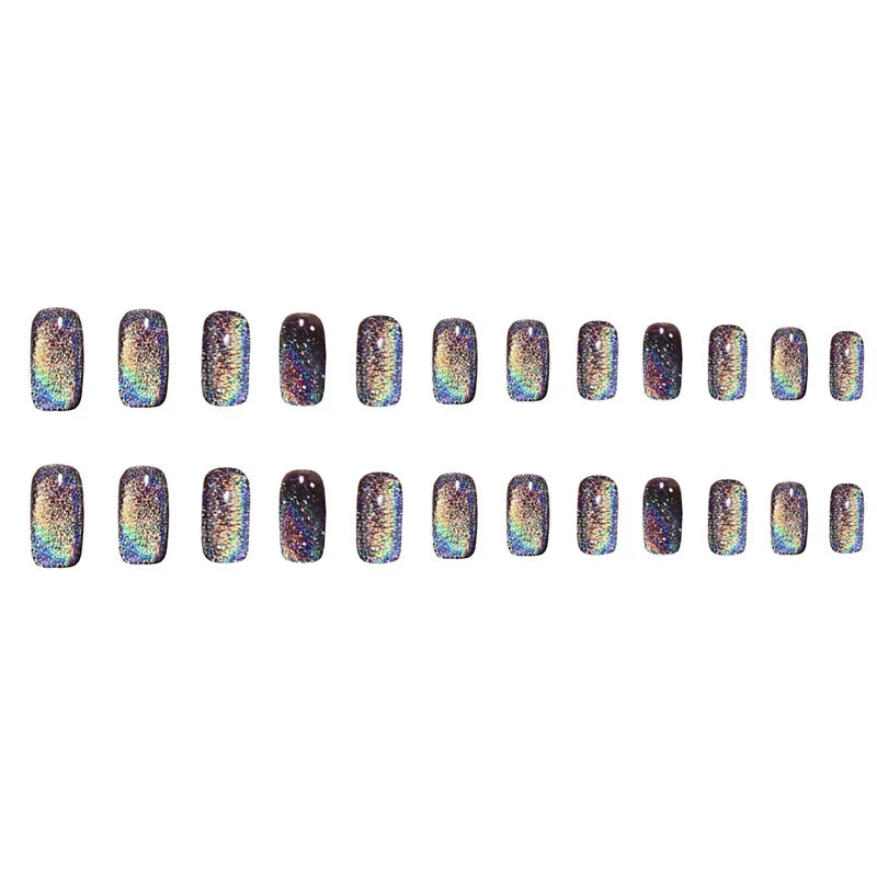 Black Rainbow Cat's Eye False Nails Set-1