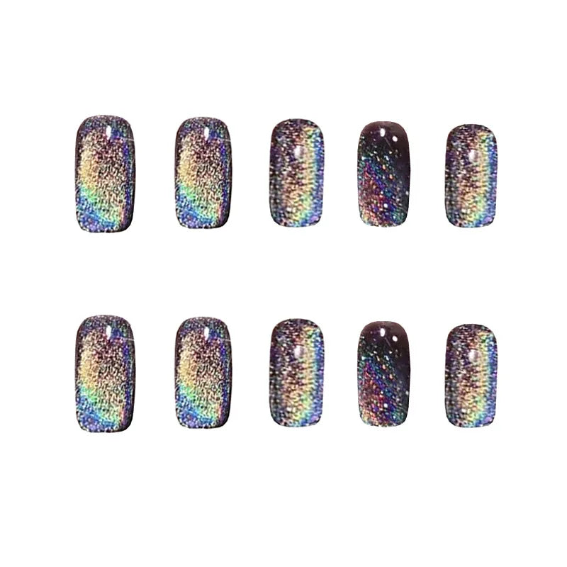 Black Rainbow Cat's Eye False Nails Set-2